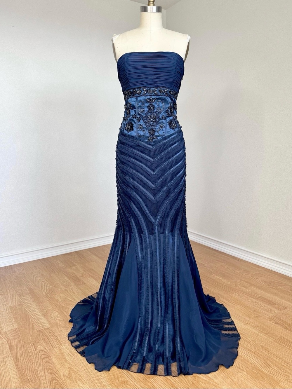 Vintage Sue Wong Strapless Navy Embellished Maxi Gown